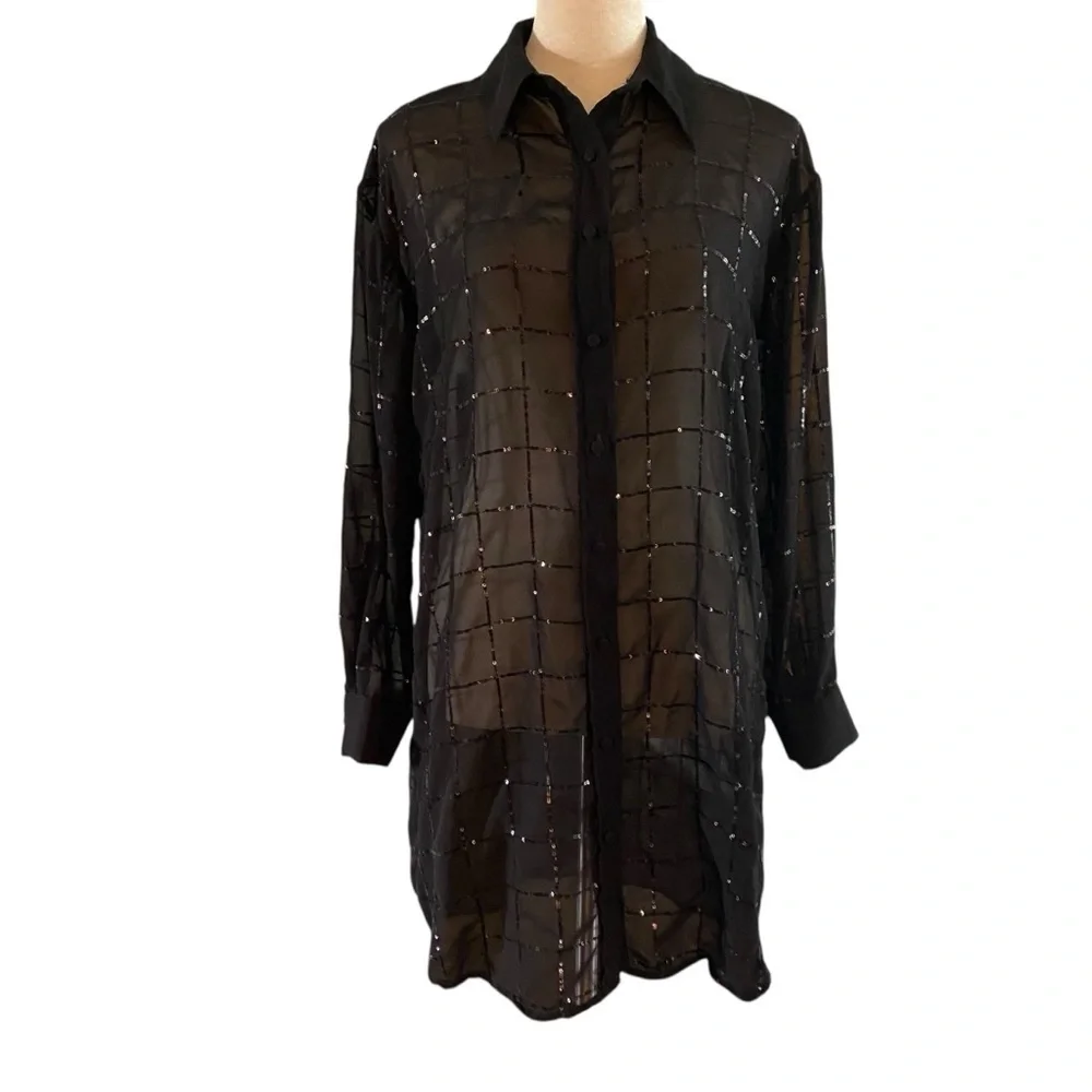 Rdalamal x Anthropologie Black Sheer Sequin Shirt Dress XXS Oversized Festival - Picture 2 of 10